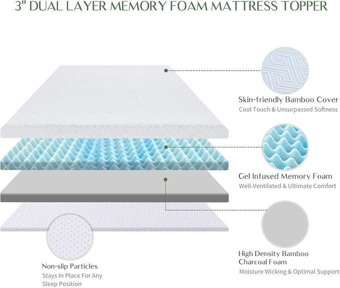 Novilla Mattress Topper Queen, 3 Inch Dual Layer Memory Foam Mattress Topper Enhance Cooling, Supportive & Pressure Relieving, with Breathable Cover,Queen Size, Yozora