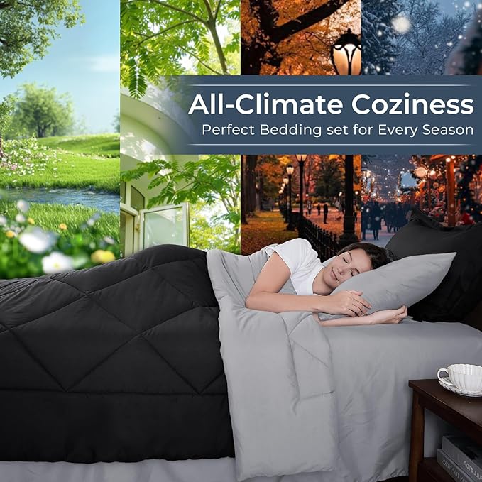HEVUMYI Queen Comforter Set - 7-Piece All Season Bed in a Bag Queen, Ultra Soft Bedding Set with Comforter, Flat Sheet, Fitted Sheet, Pillowcases, Pillow Shams, Black & Light Grey
