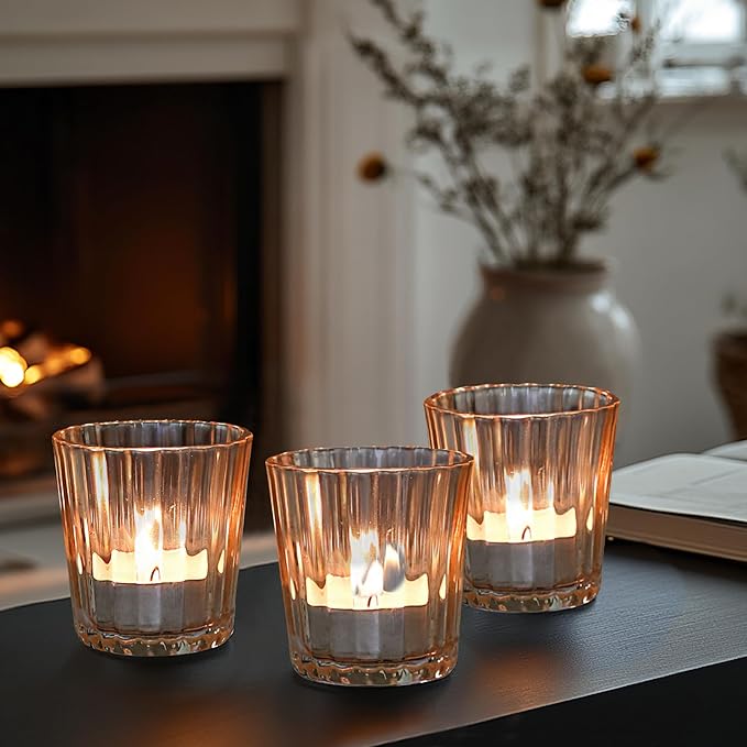 ComSaf Votive Candle Holders, 24 PCS Glass Candle Holders, Ribbed Tealight Candle Holder for Table Centerpieces, Gold Candle Holder for Wedding, Party, Baby Shower, Special Occasions, Fall Home Decor