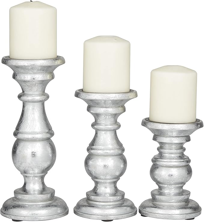 Deco 79 Traditional Mango Wood Pillar Candle Holder, Set of 3 10", 8", 6"H, Silver