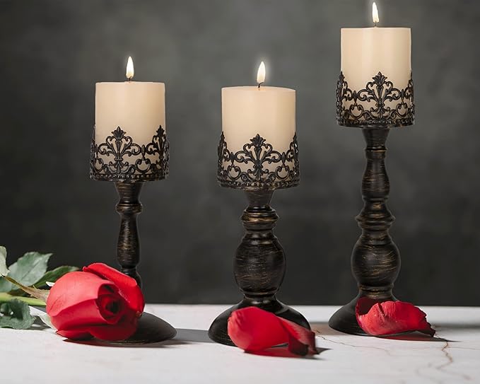 Distressed Black Candle Holders for Pillar Candles Set of 3, Vintage Crown Candle Stands for Table Centerpiece Decor, Tall Antique Metal Candle Holder Set for Fireplace Decoration, Ideal Gift