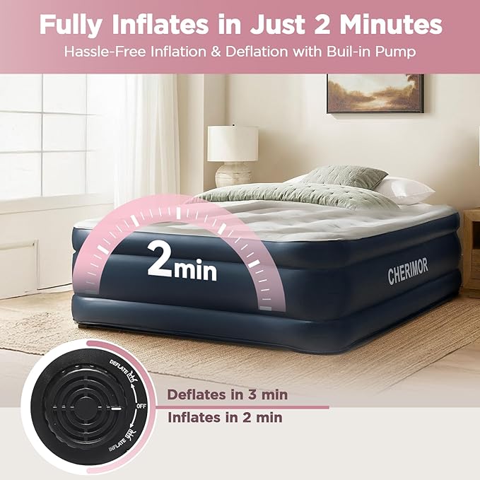 Queen Air Mattress with Built in Pump, 18" Elevated Height, 48Hr Leak-Tested, Honeycomb Coil Support, 800 lbs Capacity, Fast 3-Min Inflation–Blow Up Mattress for Guest Room & Sleepover