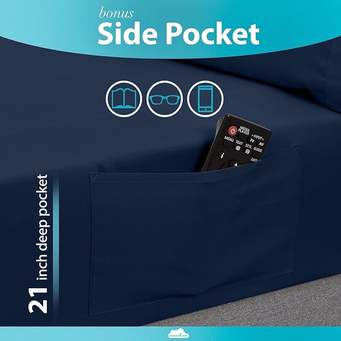 DREAMCARE California King Sheet Sets – 6 pcs Cooling Bed Sheets – up to 21” Deep Cal King Sheets – 2500 Supreme Collection – Extra Soft 100% Brushed Microfiber Hotel Luxury with Side Pocket – N Blue