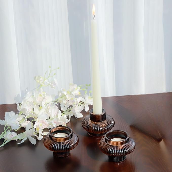 VOHO 18pcs Brown Taper Candle Holders for Table Centerpiece, Reversible Glass Candle Holder for Candle Sticks & Tea Lights Candles, Classic Ribbing Tapered Candlestick Holders for Home, Boho Decor