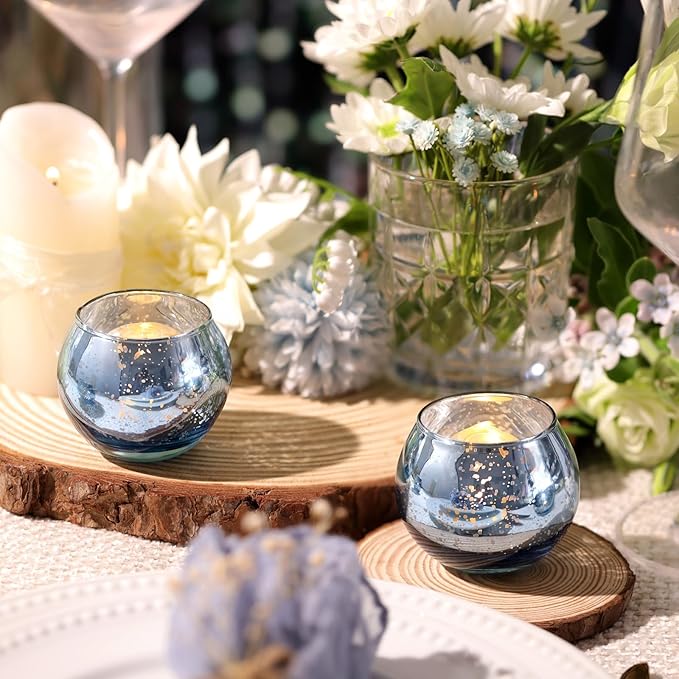 Volens Round Blue Votive Candle Holders Set of 12, Blue Wedding Centerpiece Table Decorations, Mercury Glass Tealight Candle Holder for Bridal Shower, Baby Shower & Home Decor