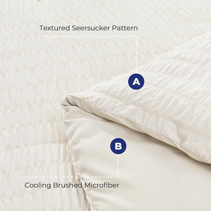 HYMOKEGE Ivory Queen Comforter Set Seersucker 7 Pieces, All Season Luxury Bed in a Bag for Bedroom, Bedding Set with Comforters, Sheets, Pillowcases & Shams