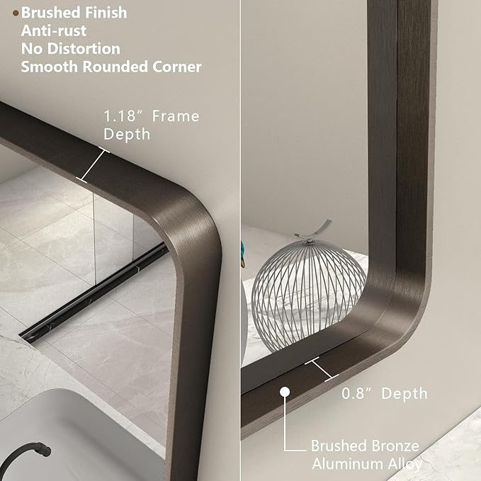 Bronze Bathroom Mirror for Wall, 55x30 Large Brushed Bronze Vanity Mirror for Bathroom, Rounded Rectangle Mirror, Anti-Rust, Shatterproof (Horizontal/Vertical)