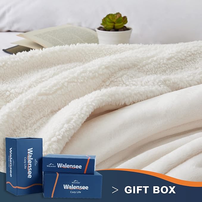 Walensee Sherpa Blanket (Throw Size 50”x60” Off White) Super Soft Fleece Plush Blankets for Bed, Couch, Sofa, Fuzzy Warm Cozy Microfiber Flannel Lightweight Throw Blanket for Adults, Man, Woman