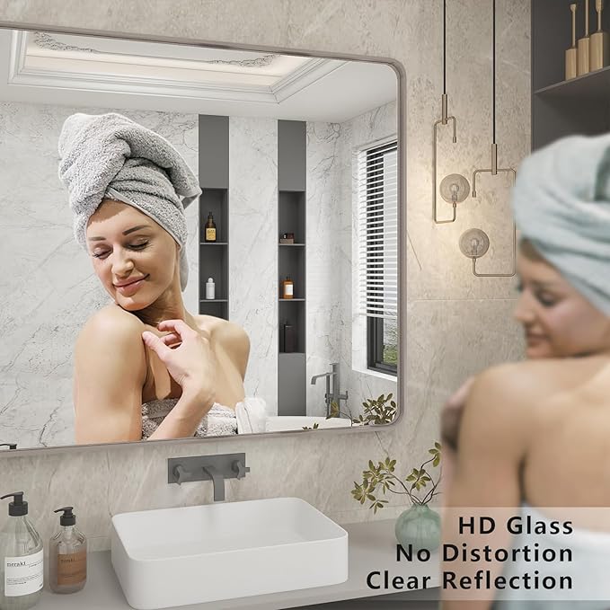 48x32 Silver Bathroom Mirror for Wall, Brushed Metal Framed Bathroom Vanity Mirror, Modern Rectangle Mirror, Rounded Corners, Shatterproof (Horizontal/Vertical)