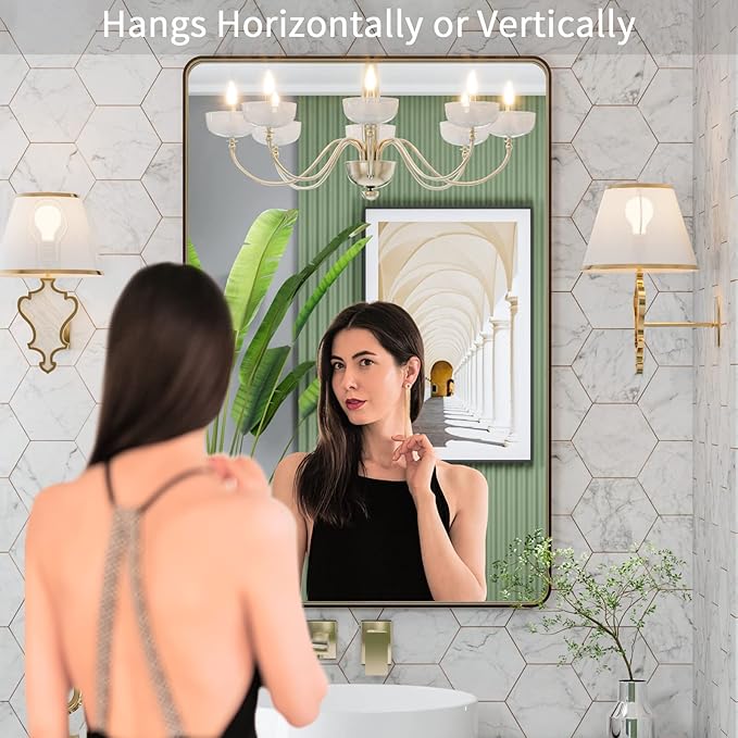 LOAAO 24”X32” Bronze Bathroom Mirrors for Vanity, Rounded Rectangle Brushed Bronze Metal Frame Mirror, Anti-Rust, Hangs Horizontally or Vertically