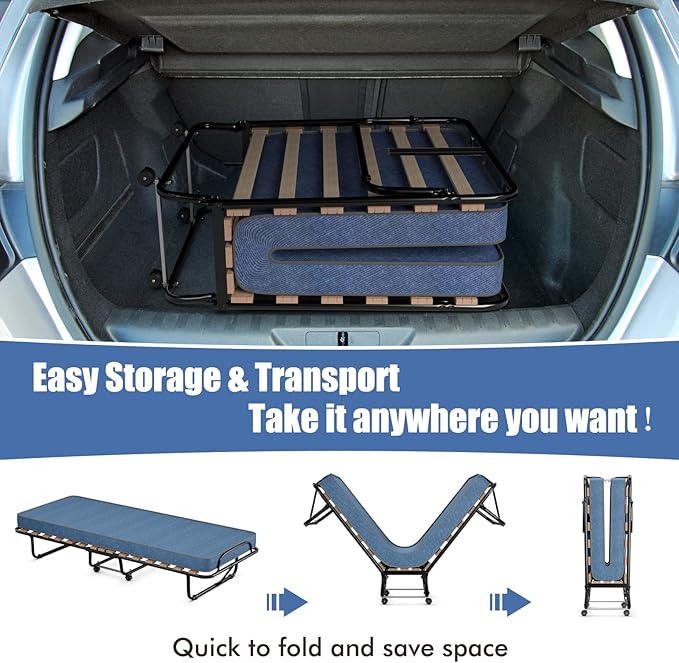 Giantex Folding Bed with Mattress for Adults, Rollaway Guest Beds w/Memory Foam Mattress & Metal Frame, Made in Italy, Cot Size Rollaway Bed, Portable Foldable Sleeper Bed for Home, 75" x 32",Blue