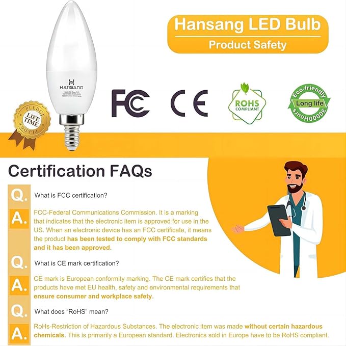 hansang 8 Pack E12 LED Candelabra Bulbs 2700K Warm White, 6W 60Watt Equivalent, B11 Ceiling Fan Light Bulbs Small Base, Type B Light Bulb for Chandelier, 600LM, 120V, Non-dimmable