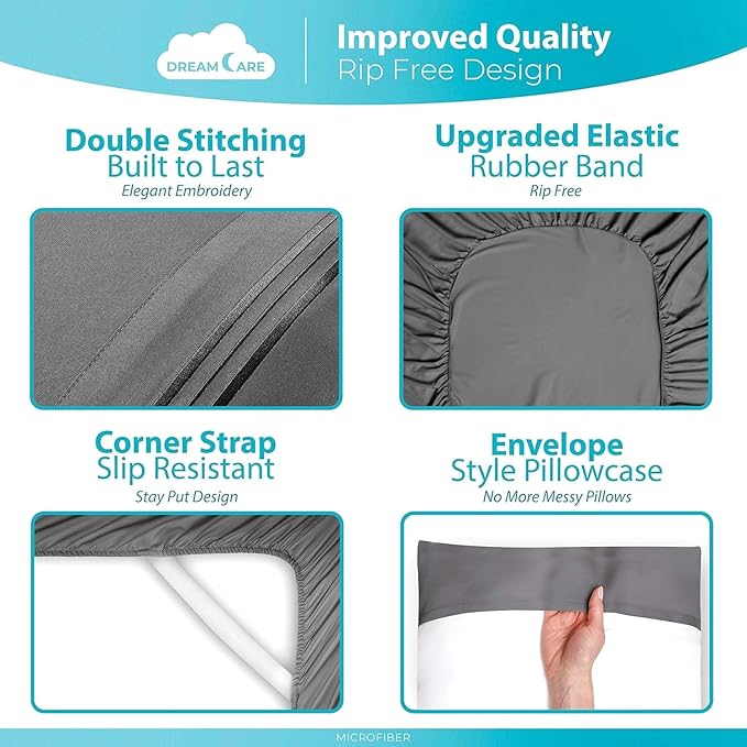 DREAMCARE Sheets Full Size Bed – 6 Pcs Deep Pocket Full Size Sheets Set - Cooling Bed Sheets – Full Sheet Set – Soft & Long Lasting – Extra Soft 100% Brushed Microfiber with Side Pocket – Gray
