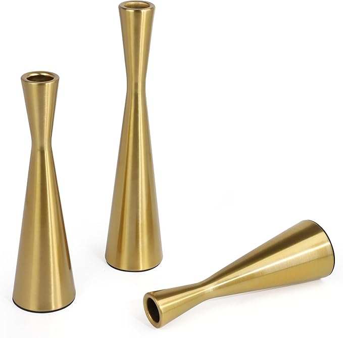 Vixdonos Brass Gold Taper Candle Holders Metal Candlestick Holders Set of 3 Table Mantel Decorative Candle Stand for Dinning,Party，Wedding,Home Decor(Brass Gold)