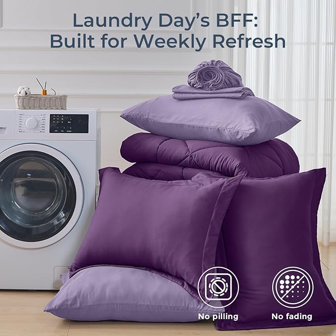 HEVUMYI Purple & Light Purple Cali-King Comforter Set - 7-Piece All Season Bed in a Bag Cali-King, Ultra Soft Bedding Set with Comforter, Flat Sheet, Fitted Sheet, Pillowcases, Pillow Shams