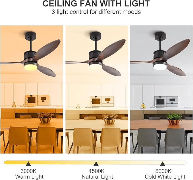 BOJUE Ceiling Fans with Lights, 60 Inch Black Ceiling Fan with Remote Control, 3 Wood Fan Walnut Blades, Modern Fan Lights for Farmhouse Living Room/Bedroom/Study