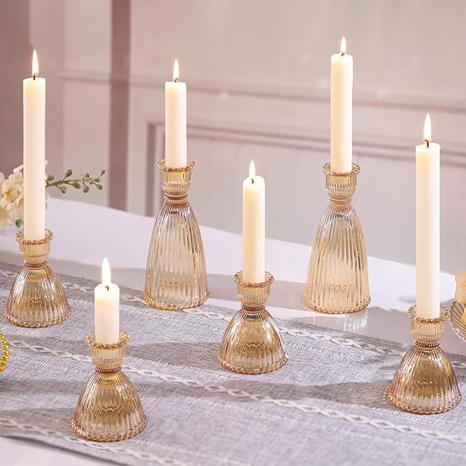 LAMORGIFT Gold Candlestick Holders Set of 6-4pcs 3.5"& 2pcs 6" Assorted Taper Candle Holder Centerpieces for Wedding, Ribbed Glass Candle Holders Bulk for Party Table Decor, Modern Home Decor