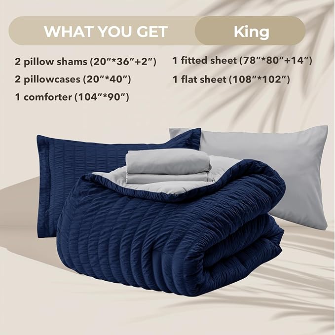 HYMOKEGE Navy Blue/Light Grey King Size Comforter Set Seersucker 7 Pieces, All Season Luxury Bed in a Bag for Bedroom, Bedding Set with Comforter, Sheets, Pillowcases & Shams