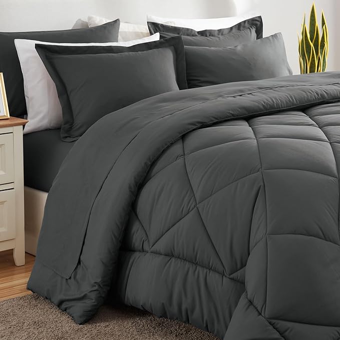 CozyLux King Size Comforter Set Dark Grey - 7 Pieces Bed in a Bag King, Luxury Soft Bed Set for All Seasons, Bedding Set with Down Alternative Comforter, Sheets, Pillowcases & Shams