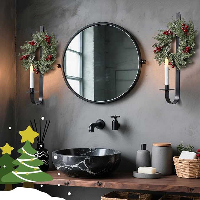 2 Set Christmas Metal Wall Candle Sconce Holder Wall Mount Candle Holder with Berry Wreath for Farmhouse Living Room Entryway Fireplace Bedroom Bathroom Decor, Only Applicable to LED Candles