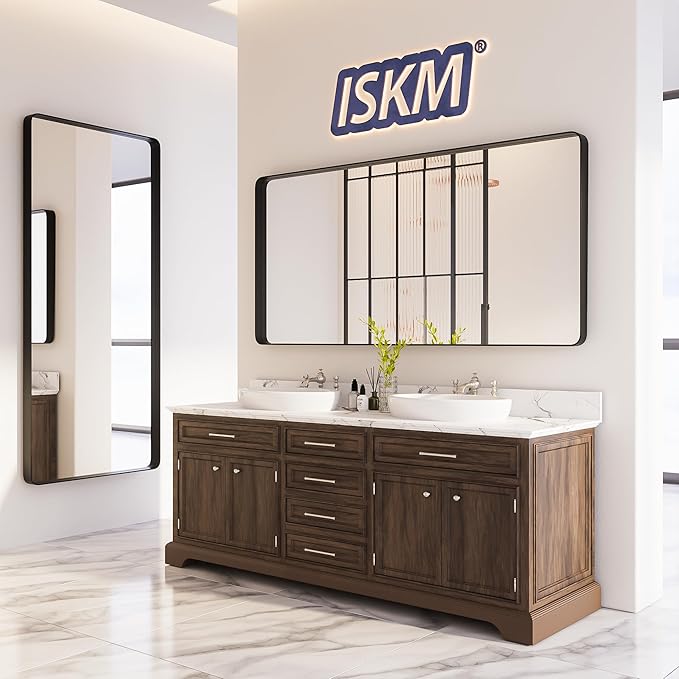 ISKM Black Bathroom Mirror for Wall 44" x 36" Matte Black Framed Vanity Mirror, Shatter-Proof, Tempered Glass, Rounded Rectangle Mirror(Horizontal/Vertical)