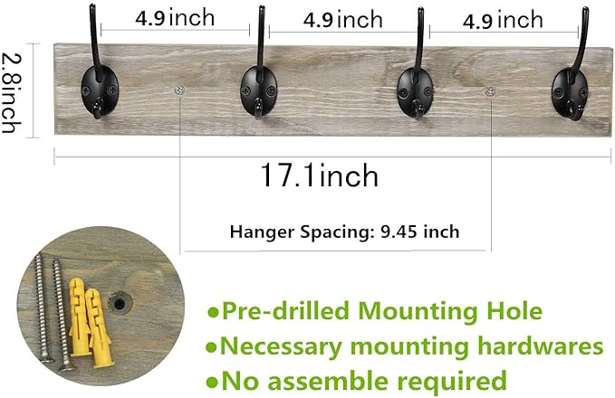Wall Mounted Coat Rack, Wooden Entryway Vintage Rustic Coat Rack Hat Hanger Rack Zinc die-cast 4-Hook Rail for The Entryway, Bathroom, Bedroom, Kitchen, Mudroom Pinewood Alloy 4-Hook