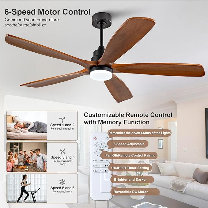 BOJUE 60 Inch Ceiling Fans with Lights and Remote Control, Modern Ceiling Fan with Light for Bedroom, Noiseless DC Motor, Dimmable Led 5 Solid Wood Blades