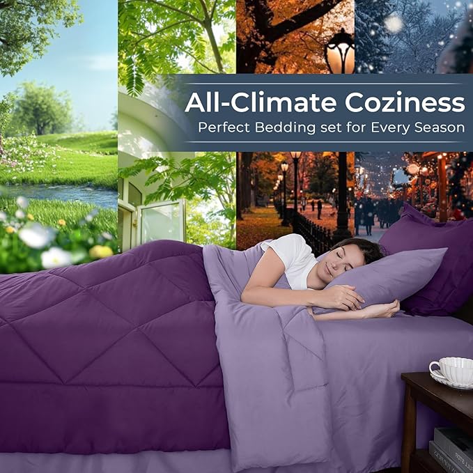 HEVUMYI Purple & Light Purple Twin-XL Comforter Set - 5-Piece All Season Bed in a Bag Twin-XL, Ultra Soft Bedding Set with Comforter, Flat Sheet, Fitted Sheet, Pillowcases, Pillow Shams
