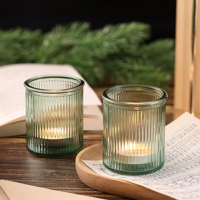 8Pcs Ribbed Green Votive Candle Holders, Tea Light Candle Holder Glass, Green Candle Holders for Table Centerpiece, Wedding, Bridal Shower and Tea Party Decorations