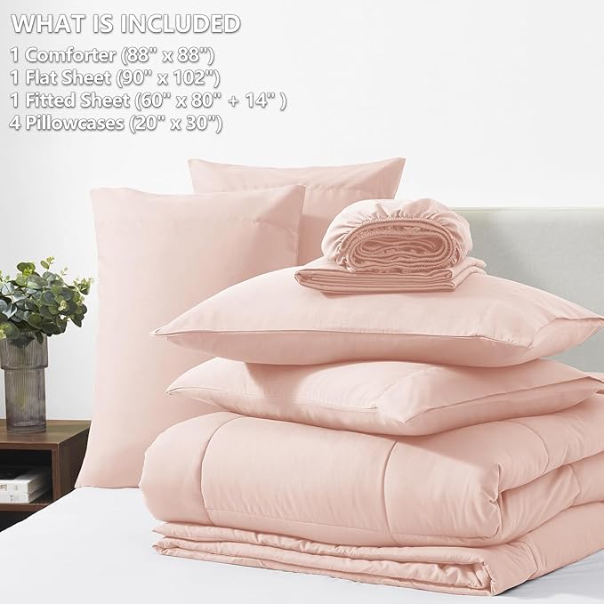 CozyLux Queen Comforter Set Blush Pink, 7 Pieces Bed in a Bag, Pink Comforter Queen Size, All Season Bedding Sets with Stitch Quilted Comforter, Flat Sheet, Fitted Sheet, Pillowcases