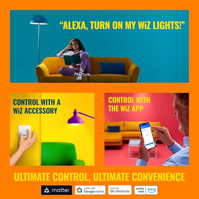 WiZ LED Smart Light Bulbs, Sunset to Sunrise Automation + Motion Detection + Control with Voice or App, Full Color A19 60W 800LM E26 Indoor, Matter Compatible - 1 Pack