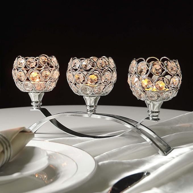 Crystal Tealight Candle Holder Centerpiece Home Decorative Candlestick Holder Elegant Table Centerpiece Home Decor Wedding Party Anniversary (Silver, 3 Arm of 4 Pcs)