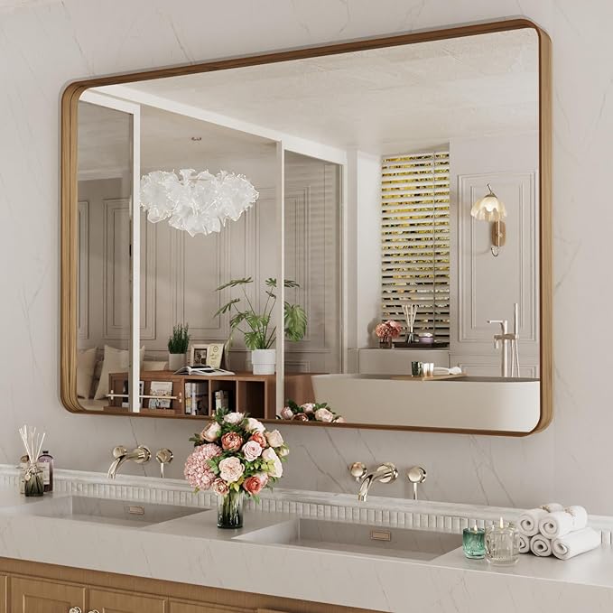 LOAAO 50X30 Inch Bathroom Mirror with Wood Grain Colored Metal Frame, Rounded Rectangle Metal Framed Bathroom Mirror, Anti-Rust, Hangs Horizontally or Vertically, Tempered Glass