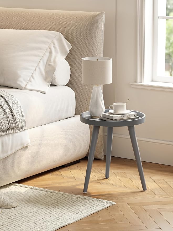 Apicizon Grey Round Side Table Set of 2, Tray Nightstand Sofa Coffee End Table for Living Room, Bedroom, Small Spaces, Easy Assembly Bedside Table, 15 x 18 Inches, Grey