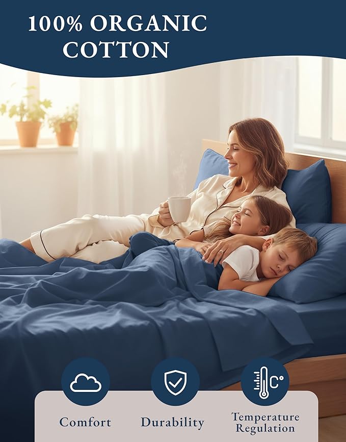 LANE LINEN 100% Organic Cotton Eco Friendly Fully Elasticized Twin XL Sheet Set, Low Pilling Fade Resistant Machine Washable Extra Long Twin Bedding Set, Soft & Comfy Cotton Sheets-Estate Blue