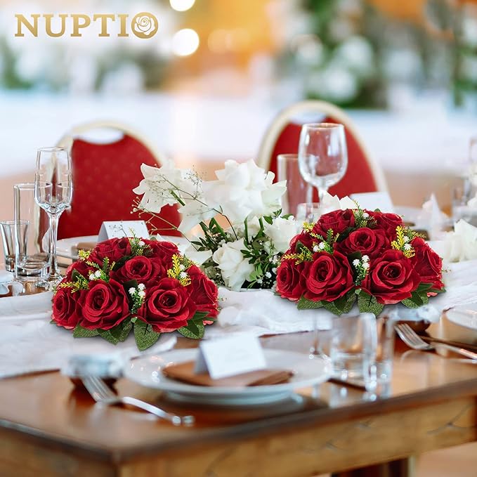 NUPTIO Flower Wedding Centrepieces for Tables - 2 Pcs 9.5in Diameter Crimson Artificial Flowers Rose Ball for Centerpieces Table - Fake Rose Arrangements for Weddings Birthday Party Decor