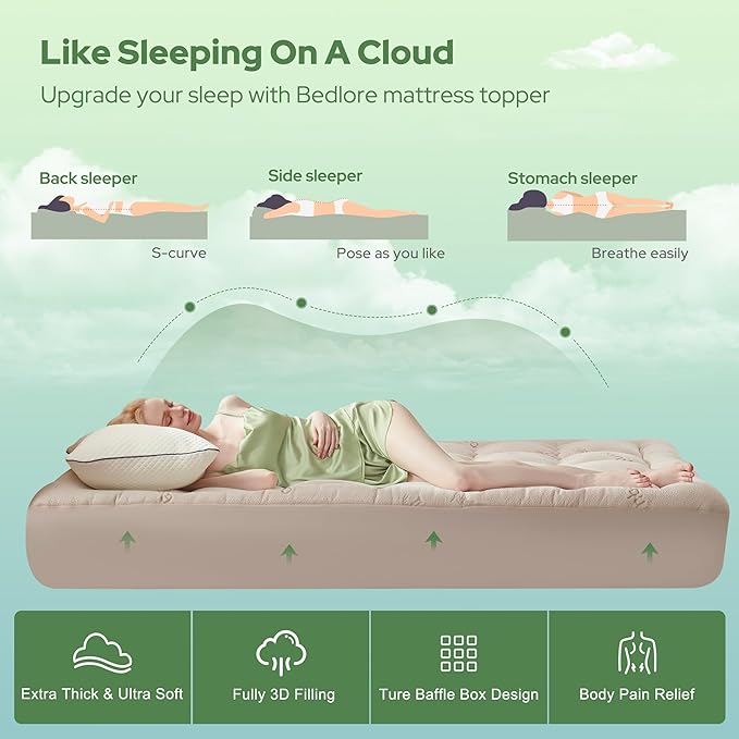 BEDLORE King Mattress Topper Viscose Derived from Bamboo, Thick Pillow Top Mattress Pad with Stretchable Pockets for 6"-18" Mattress, Soft Breathable Mattress Topper for Back Pain Relief(Beige)
