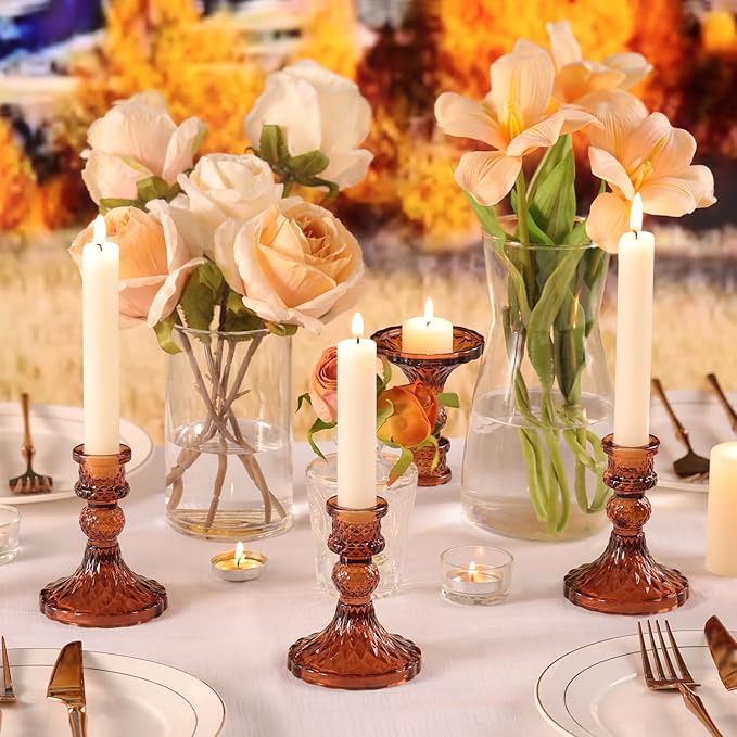 Amber Candle Holder Set of 12, Glass Taper Candle Holders, Amber Candlestick Holders, Candle Stick Holder for Table Centerpieces, Vintage, Home Decor