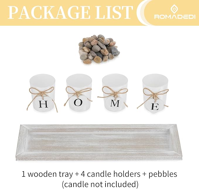 Romadedi Farmhouse Centerpiece Candle Holder Decor - Rustic Wooden Tray with 4 Glass Tealight Candles Holders for Coffee Table Home Decorations Living Room Fireplace Kitchen Housewarming Gifts
