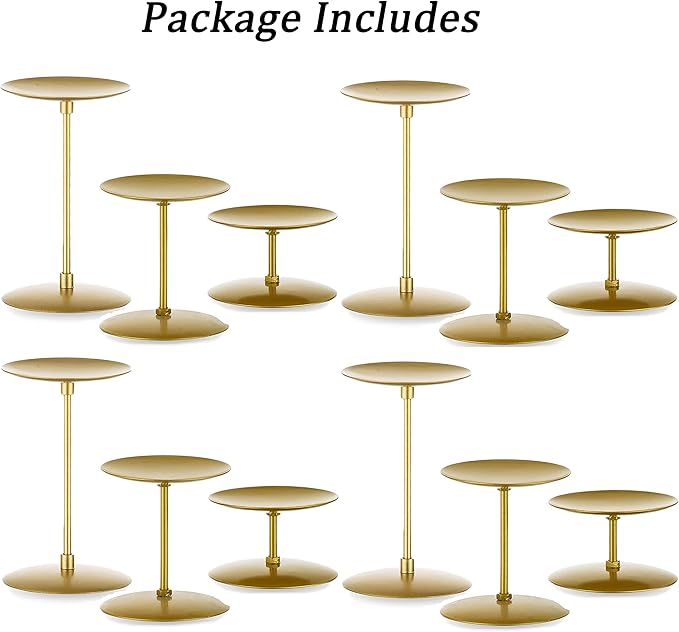 Pillar Candle Holders Candelabra Gold - Set of 12 Bulk Candle Stand Iron Plate Minimalism Modern Home Mantel Dinning Table Decorations Centerpiece for Wedding, Party, Housewarming, Events