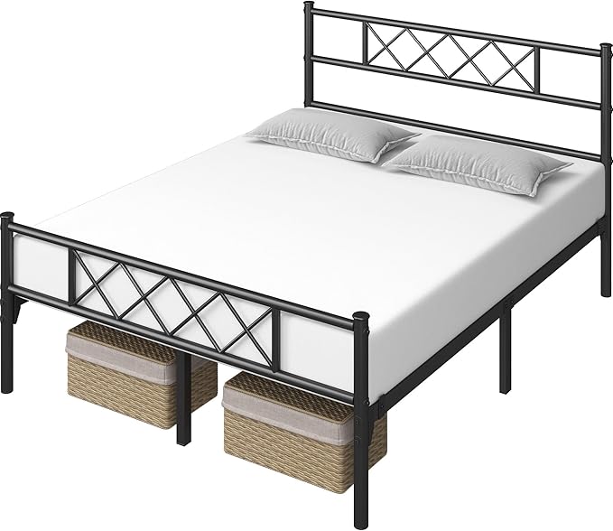 Yaheetech Full Size Metal Platform Bed Frame with Simple Headboard and Footboard, Mattress Foundation for Under Bed Storage, Steel Slat Support, No Box Spring Needed, Easy Assembly, Black