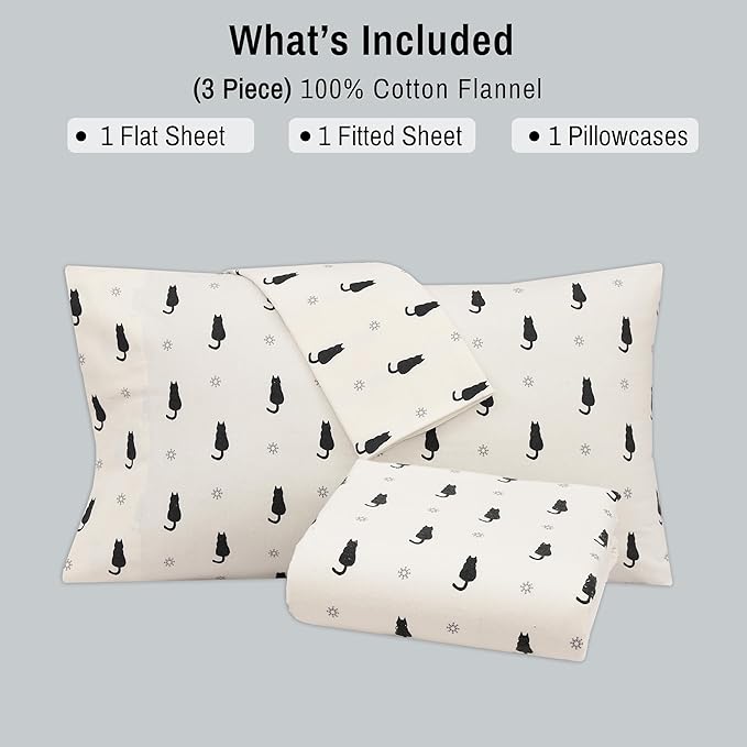 RUVANTI Flannel Sheets Twin XL Size - 100% Cotton Double Brushed Twin XL Sheet Sets, Deep Pockets 16 Inches, All Seasons Breathable & Extra Soft Bed Sheets, Warm & Cozy, 3 Piece, Black Cat
