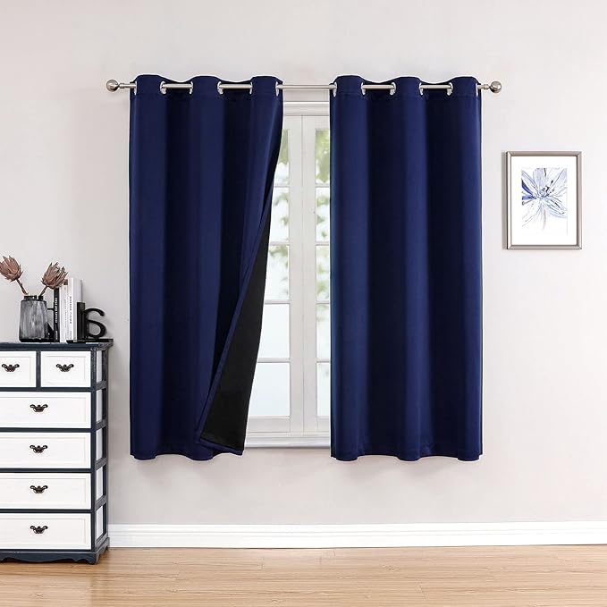 ChrisDowa 100% Blackout Curtains 63 inch Long for Bedroom with Black Liner, 2 Thick Layers Total Blackout Thermal Insulated Grommet Window Curtains 2 Panels Set (Navy Blue, 38 x 63 Inch)