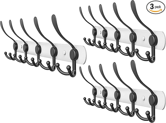 Coat Rack Wall Mount with 5 Tri Hooks, Stainless Steel 16 Inch – White & Black Matte Finish, Heavy Duty Wall Mounted Hook Rack for Coats, Hats, Towels, Scarfs, Robes, Bags, Entryway & Bathroom, 3 Pack