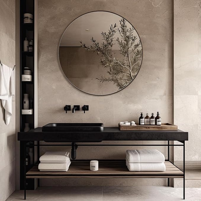 ANDY STAR Round Wall Mirror, 30 Inches Brushed Bronze Bathroom Mirror, Modern Vanity Mirror in Stainless Steel Frame