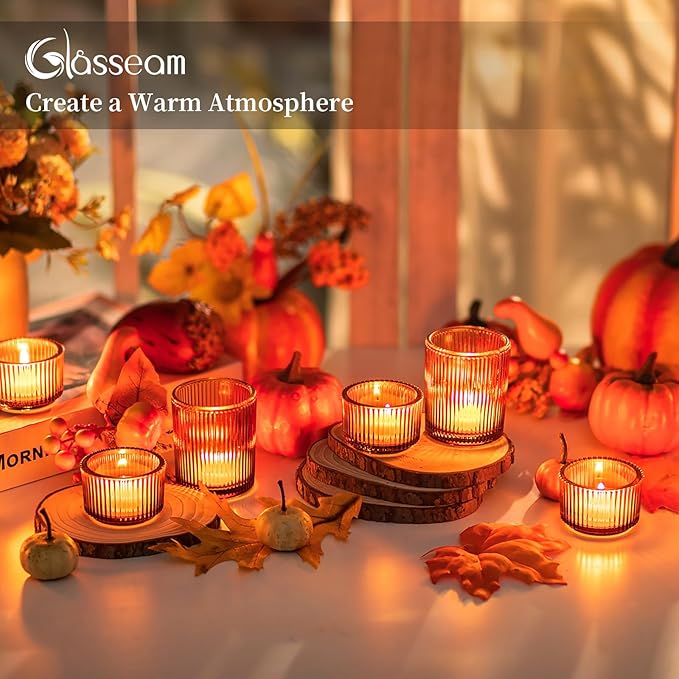 Glasseam Amber Tealight Candle Holders: 24pcs Ribbed Small Votive Holders Bulk for Thanksgiving Table Centerpiece Fall Wedding Christmas Decor