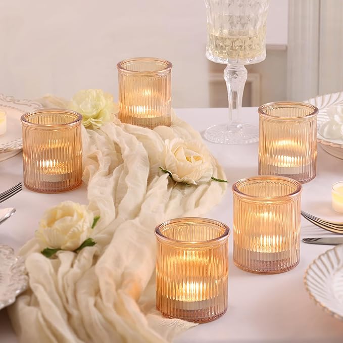 8pcs Ribbed Gold Votive Candle Holders, Tea Light Candle Holder Glass for Wedding Table Decor, Gold Candle Holders for Table Centerpiece, Brithday and Holiday Decorations
