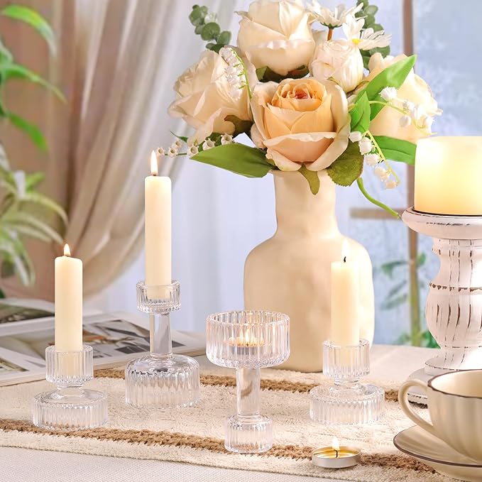 Candlestick Holders Bulk, 6 Pcs Clear Combination Candle Holders Set, Crystal Candle Holders for Wedding, Table Centerpiece, Home Decoration