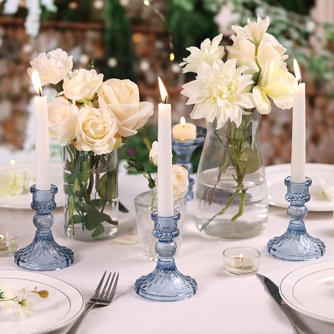 Glass Candle Holder Set of 12, Blue Taper Candle Holders Bulk, Vintage Candlestick Holders, Candle Stick Holder for Table Centerpieces, Wedding, Festival & Home Decor
