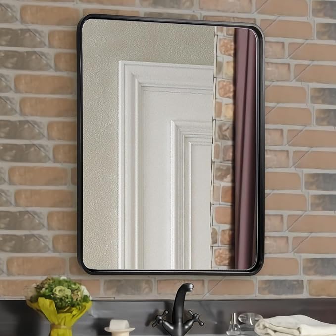 ANDY STAR 30x36’’ Bathroom Mirrors for Wall, Matte Black Bathroom Vanity Mirror, Contemporary Rounded Rectangle Mirrors Wall Mounted in Tube Metal Frame, Hang Horizontal/Vertical 1’’ Deep